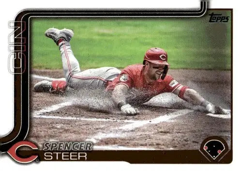 Baseball trading card of Spencer Steer sliding into base, original gloss, Spencer Steer NM-MT
