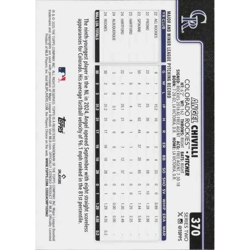 2025 Topps #370 Angel Chivilli NM-MT RC Rookie Colorado Rockies Baseball Card - Baseball Card Single