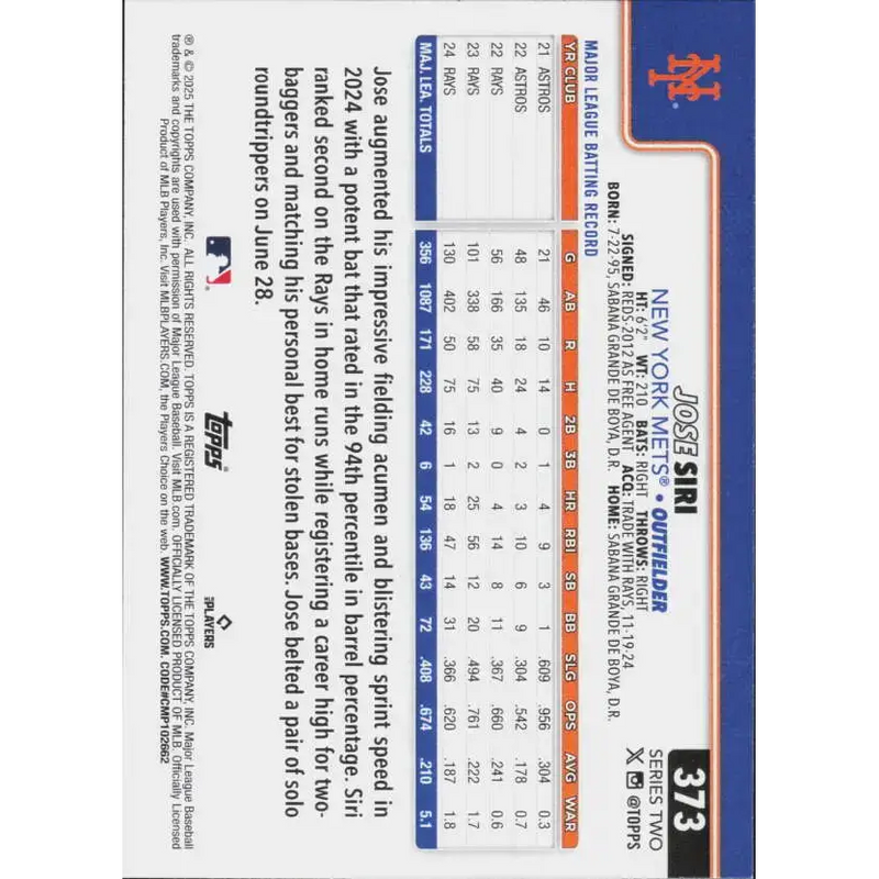 2025 Topps #373 Jose Siri NM-MT New York Mets Baseball Card - Baseball Card Single
