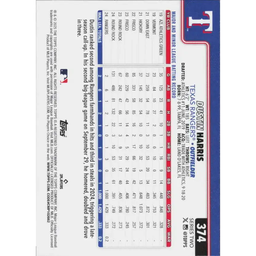 2025 Topps #374 Dustin Harris NM-MT RC Rookie Texas Rangers Baseball Card - Baseball Card Single