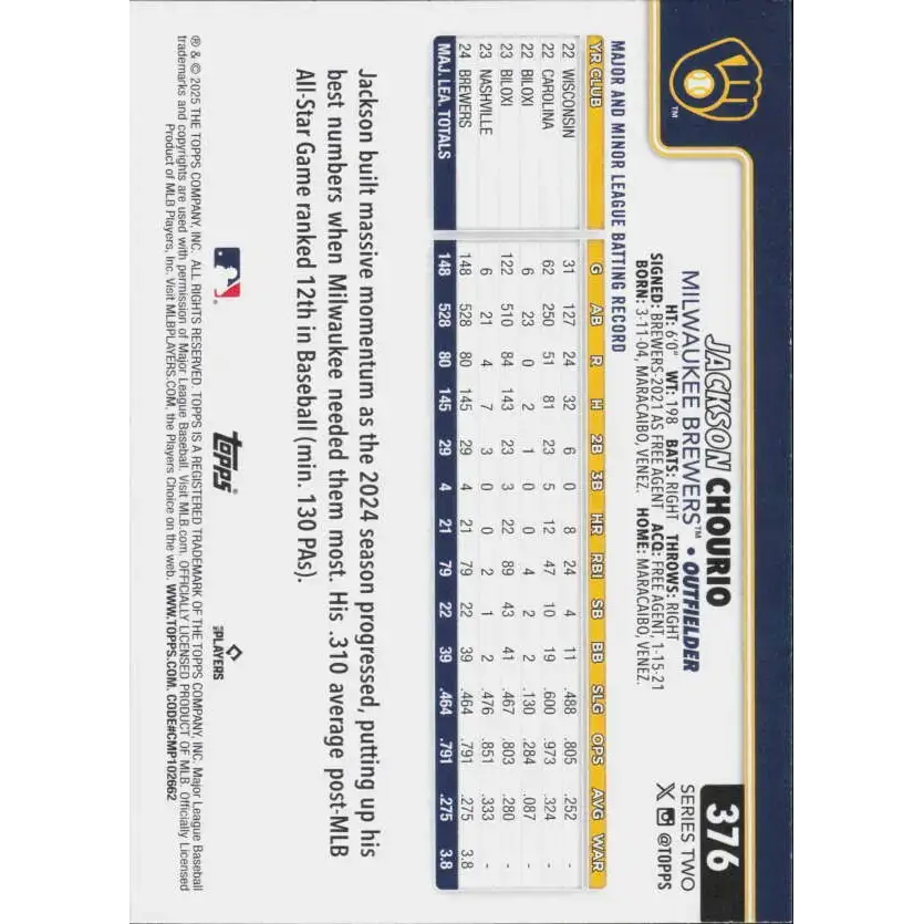 2025 Topps #376 Jackson Chourio NM-MT Milwaukee Brewers Baseball Card - Baseball Card Single