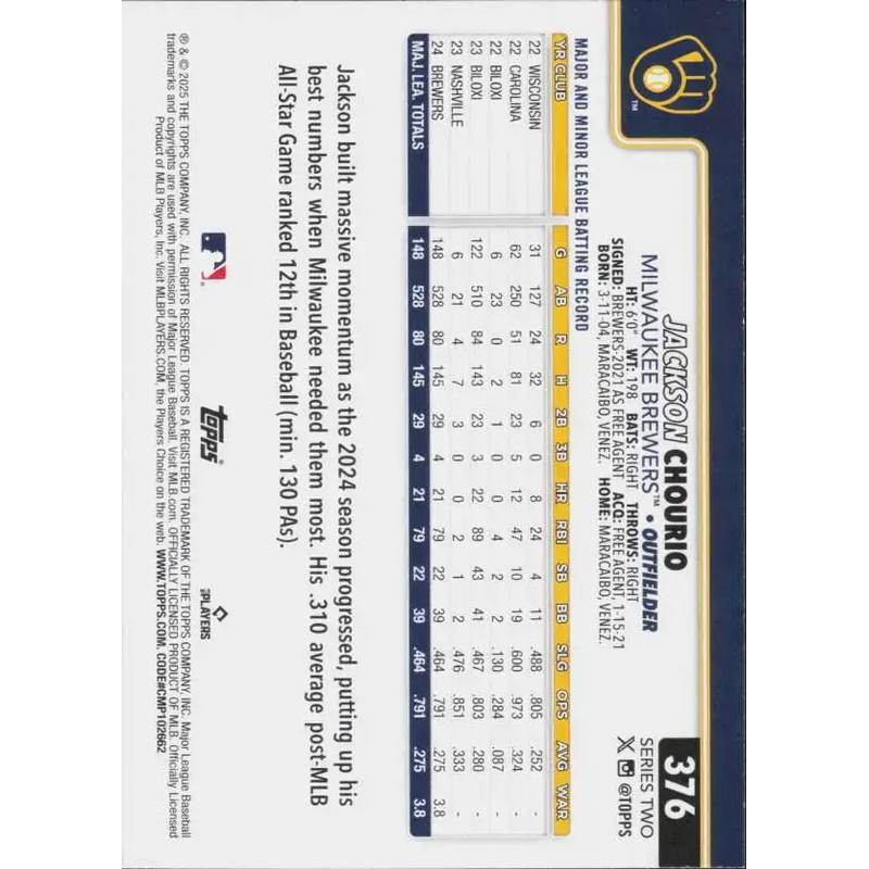2025 Topps #376 Jackson Chourio NM-MT Milwaukee Brewers Baseball Card - Baseball Card Single