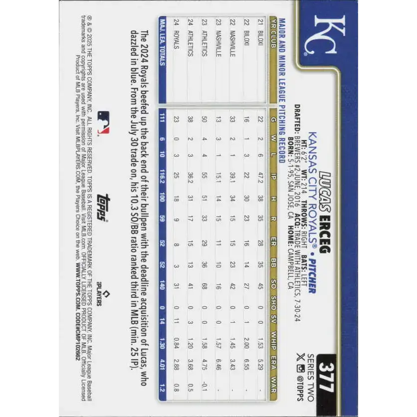 2025 Topps #377 Lucas Erceg NM-MT Kansas City Royals Baseball Card - Baseball Card Single