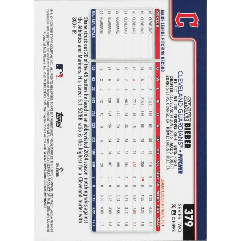 2025 Topps #379 Shane Bieber NM-MT Cleveland Guardians Baseball Card - Baseball Card Single