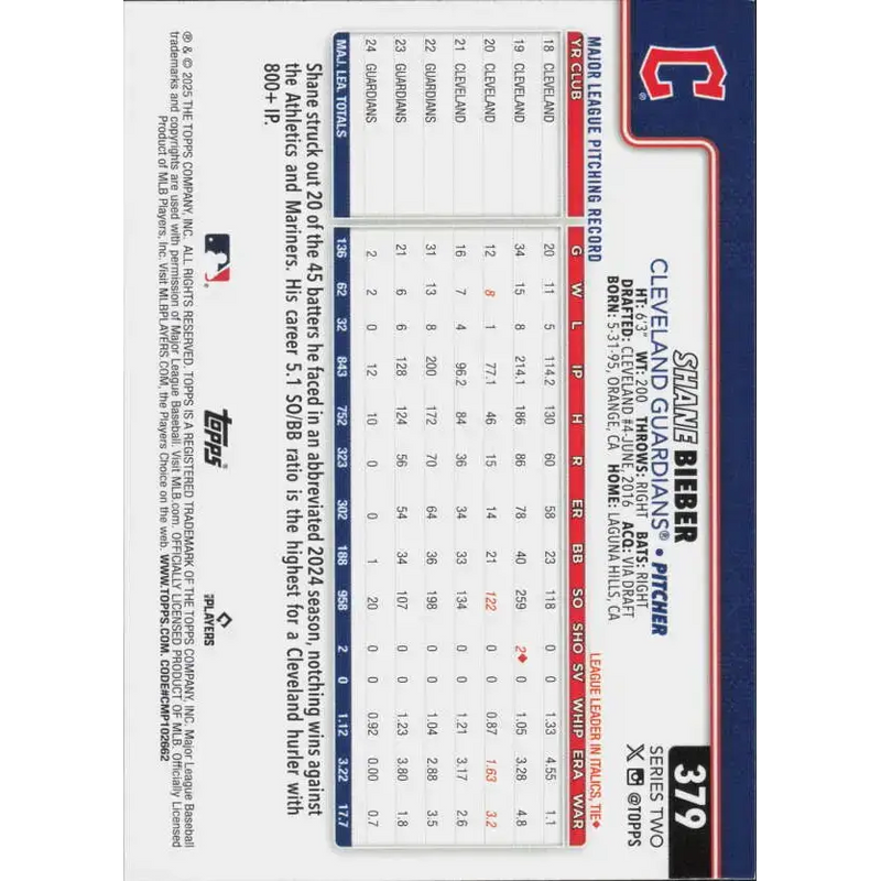 2025 Topps #379 Shane Bieber NM-MT Cleveland Guardians Baseball Card - Baseball Card Single