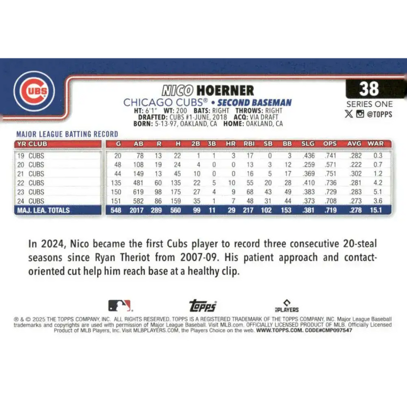 2025 Topps #38 Nico Hoerner NM-MT Chicago Cubs Baseball Card - Baseball Card Single