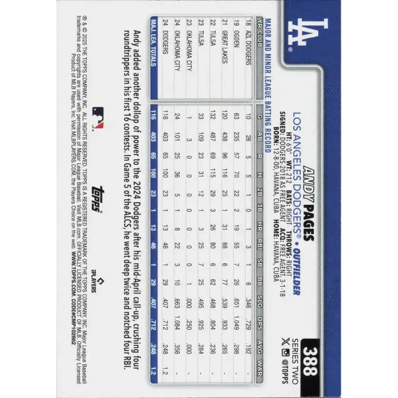 2025 Topps #388 Andy Pages NM-MT Los Angeles Dodgers Baseball Card - Baseball Card Single