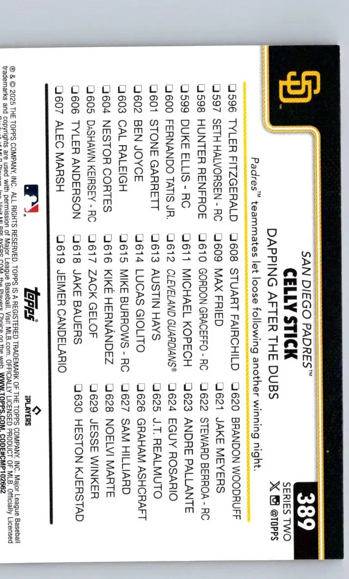 Back of a Baseball Card featuring 2025 Topps #389 Celly Stick from Dubs Holiday