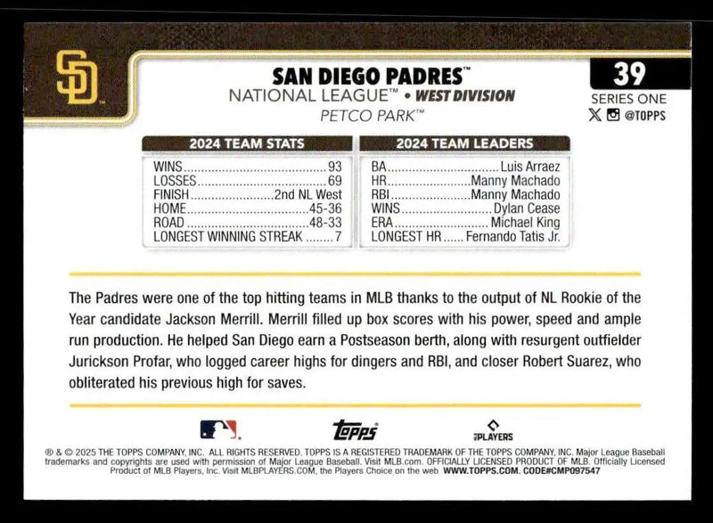 2025 Topps #39 San Diego Padres - Baseball Card Single