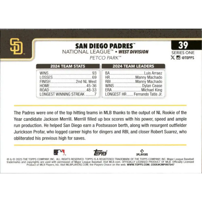 2025 Topps #39 San Diego Padres NM-MT San Diego Padres Baseball Card - Baseball Card Single