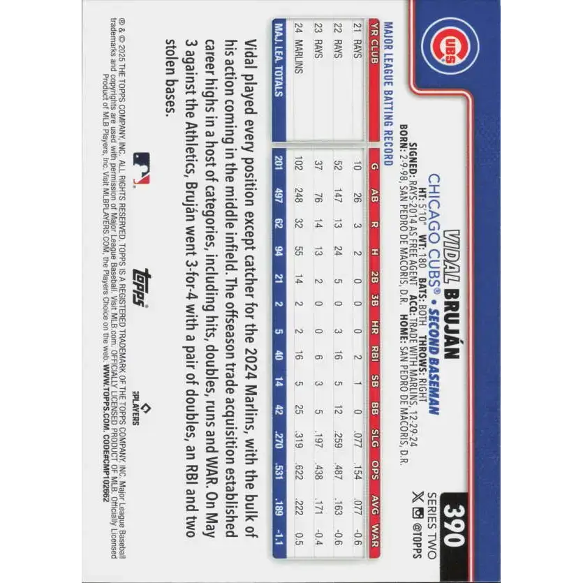 2025 Topps #390 Vidal Bruj NM-MT Chicago Cubs Baseball Card - Baseball Card Single