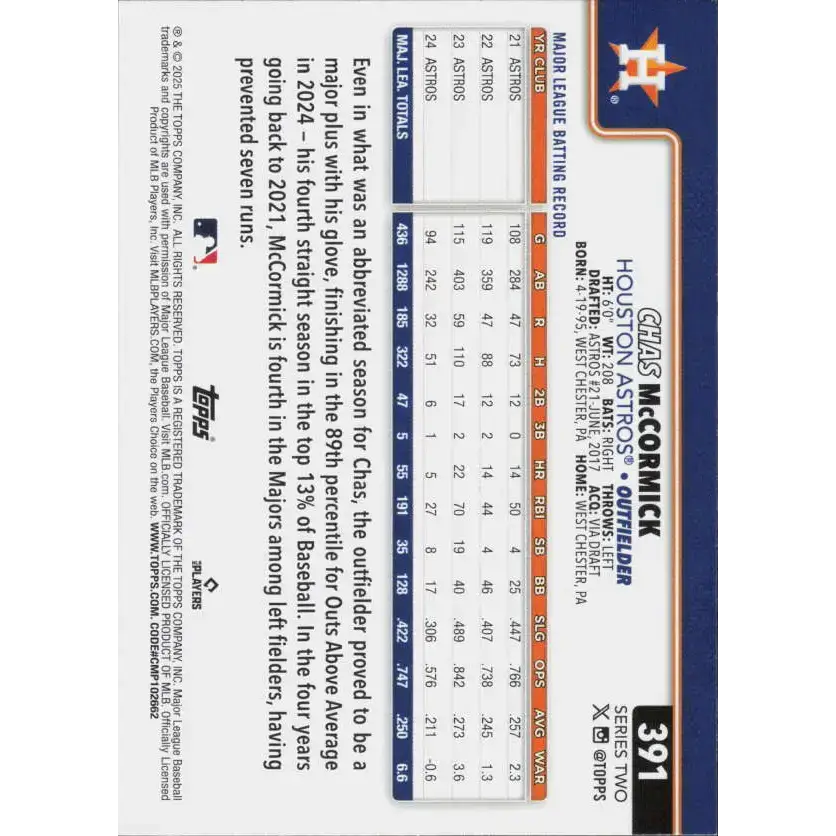 2025 Topps #391 Chas McCormick NM-MT Houston Astros Baseball Card - Baseball Card Single