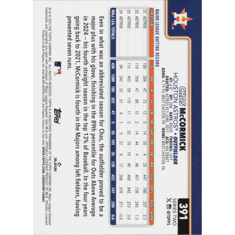 2025 Topps #391 Chas McCormick NM-MT Houston Astros Baseball Card - Baseball Card Single