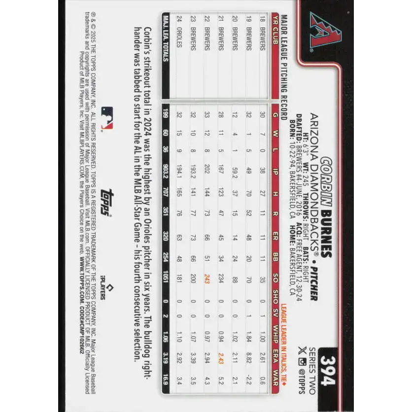 2025 Topps #394 Corbin Burnes NM-MT Arizona Diamondbacks Baseball Card