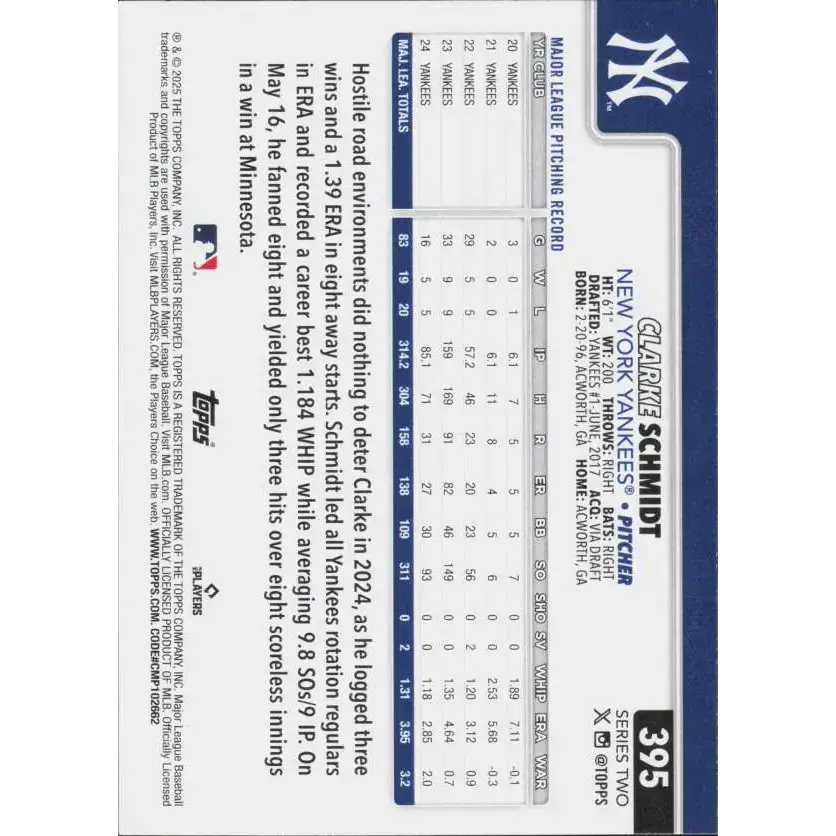 2025 Topps #395 Clarke Schmidt NM-MT New York Yankees Baseball Card - Baseball Card Single
