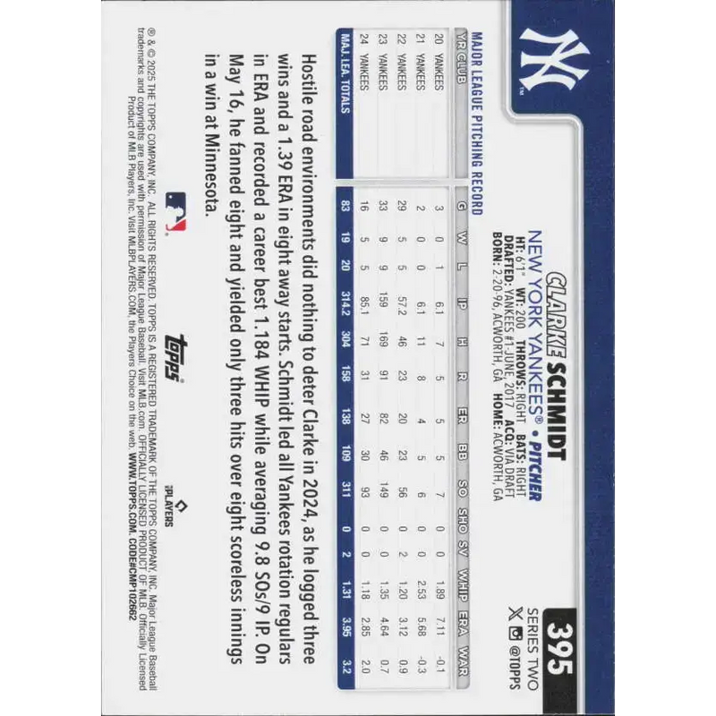 2025 Topps #395 Clarke Schmidt NM-MT New York Yankees Baseball Card - Baseball Card Single