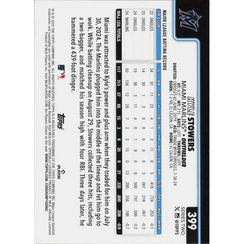 2025 Topps #399 Kyle Stowers NM-MT Miami Marlins Baseball Card - Baseball Card Single
