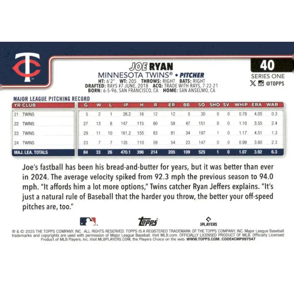 2025 Topps #40 Joe Ryan NM-MT Minnesota Twins Baseball Card