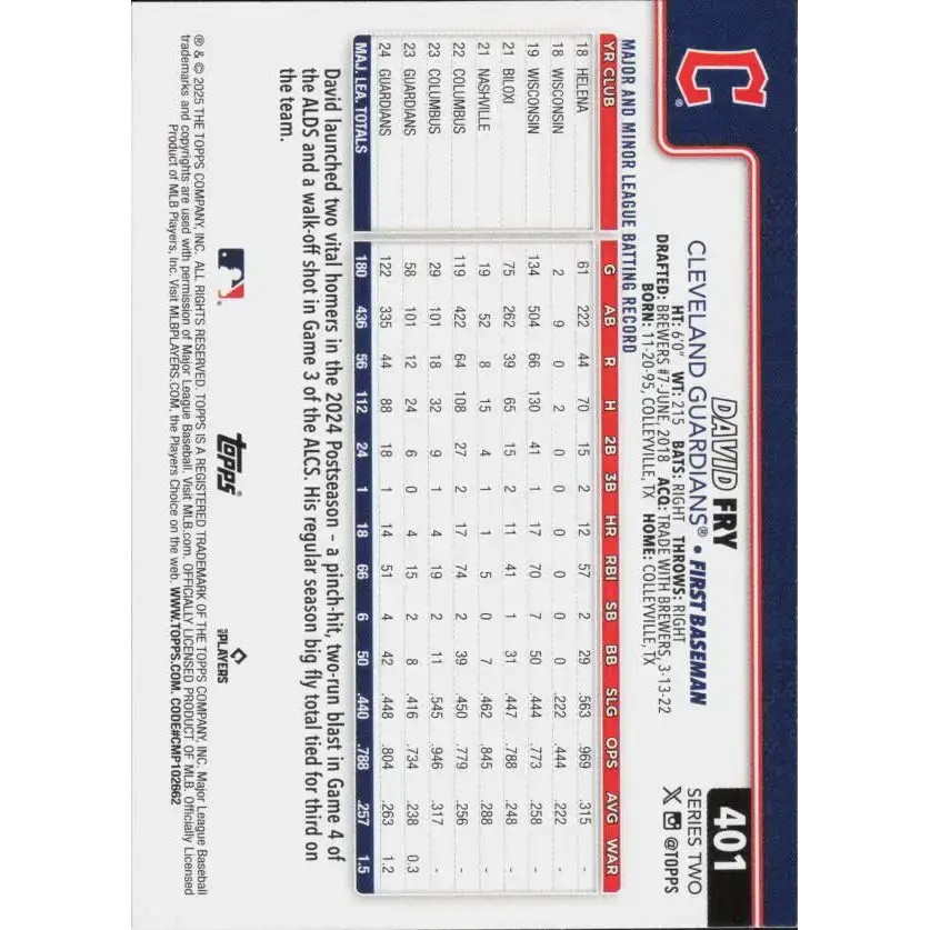 2025 Topps #401 David Fry NM-MT Cleveland Guardians Baseball Card - Baseball Card Single