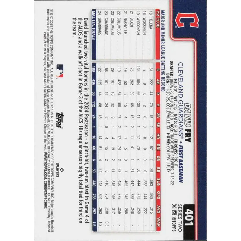 2025 Topps #401 David Fry NM-MT Cleveland Guardians Baseball Card - Baseball Card Single