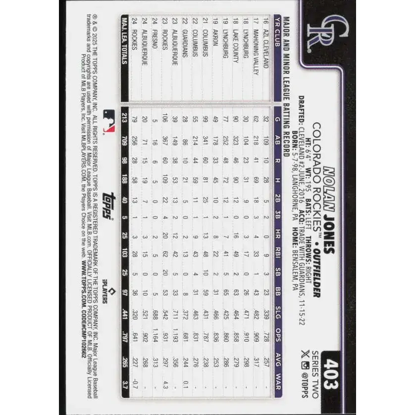 2025 Topps #403 Nolan Jones NM-MT Colorado Rockies Baseball Card - Baseball Card Single