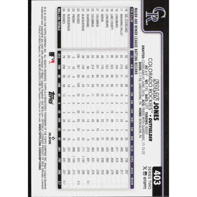2025 Topps #403 Nolan Jones NM-MT Colorado Rockies Baseball Card - Baseball Card Single