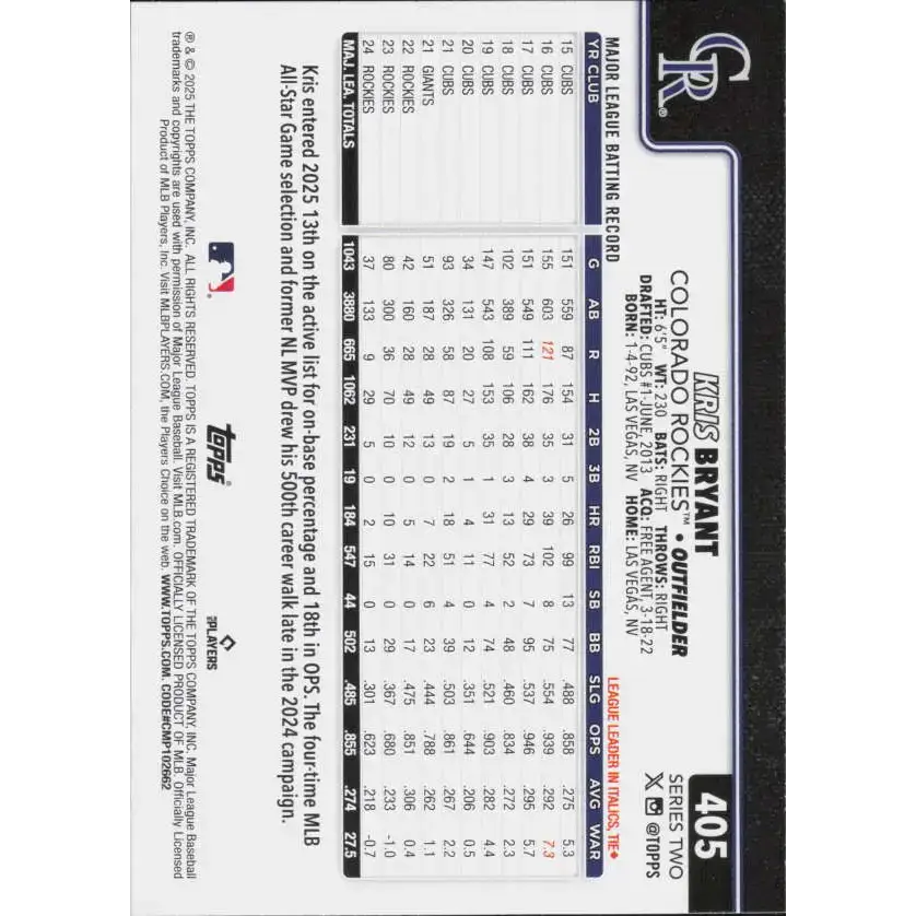 2025 Topps #405 Kris Bryant NM-MT Colorado Rockies Baseball Card - Baseball Card Single