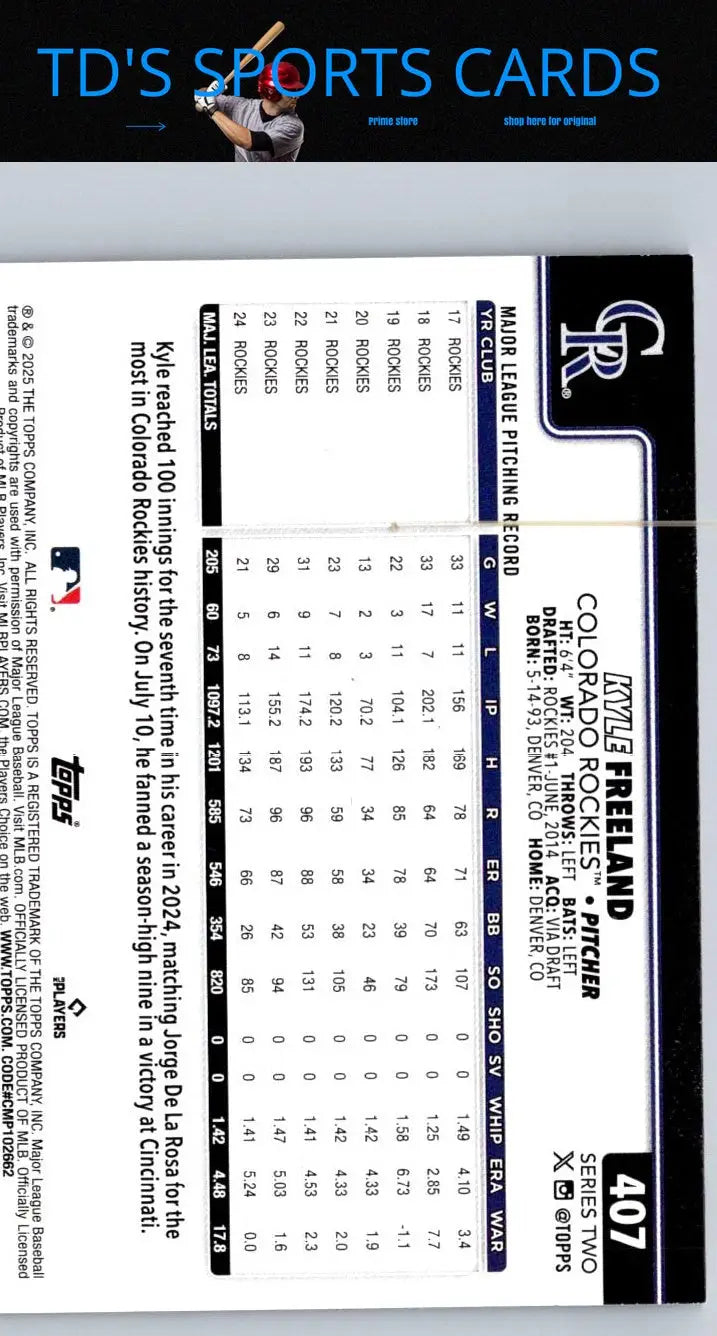 Kyle Freeland baseball card from 2025 Topps #407 with Diamante Foil design