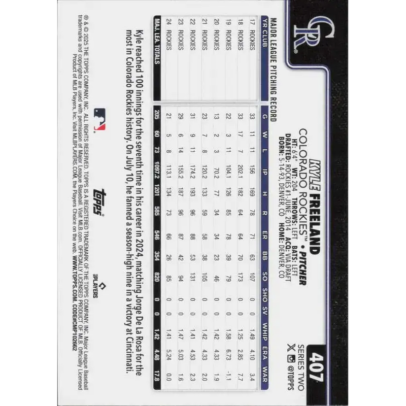 2025 Topps #407 Kyle Freeland NM-MT Colorado Rockies Baseball Card