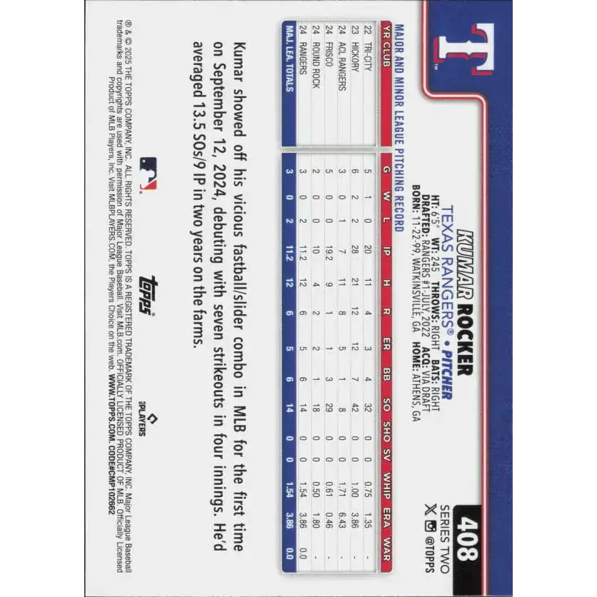 2025 Topps #408 Kumar Rocker NM-MT RC Rookie Texas Rangers Baseball Card - Baseball Card Single