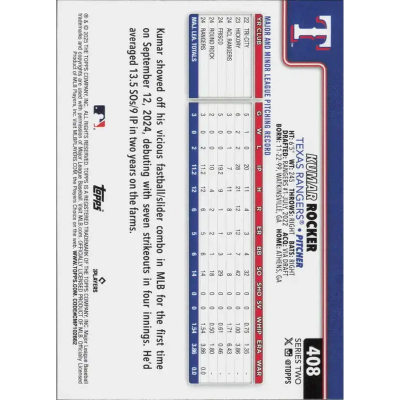 2025 Topps #408 Kumar Rocker NM-MT RC Rookie Texas Rangers Baseball Card - Baseball Card Single