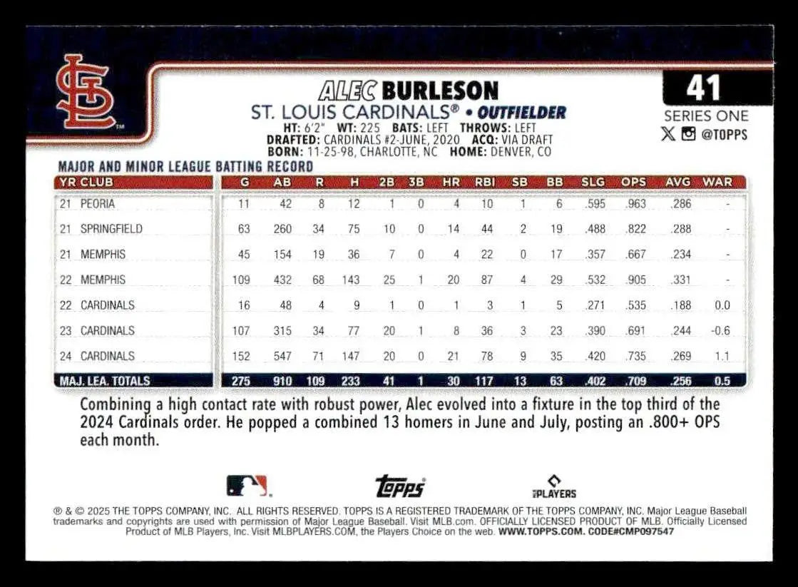 2025 Topps #41 Alec Burleson - Baseball Card Single