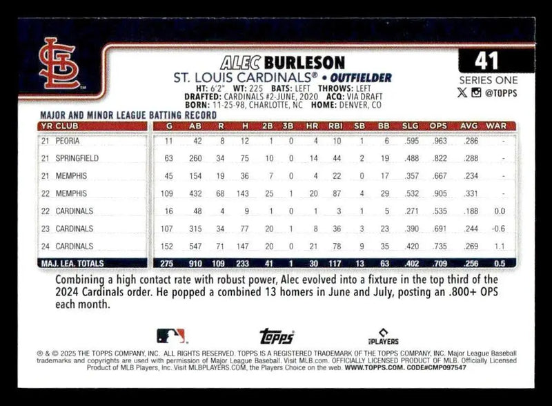 2025 Topps #41 Alec Burleson - Baseball Card Single