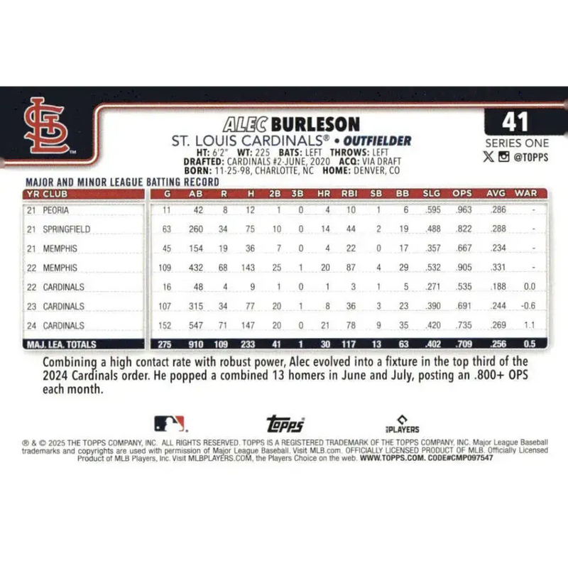 2025 Topps #41 Alec Burleson NM-MT St Louis Cardinals Baseball Card - Baseball Card Single