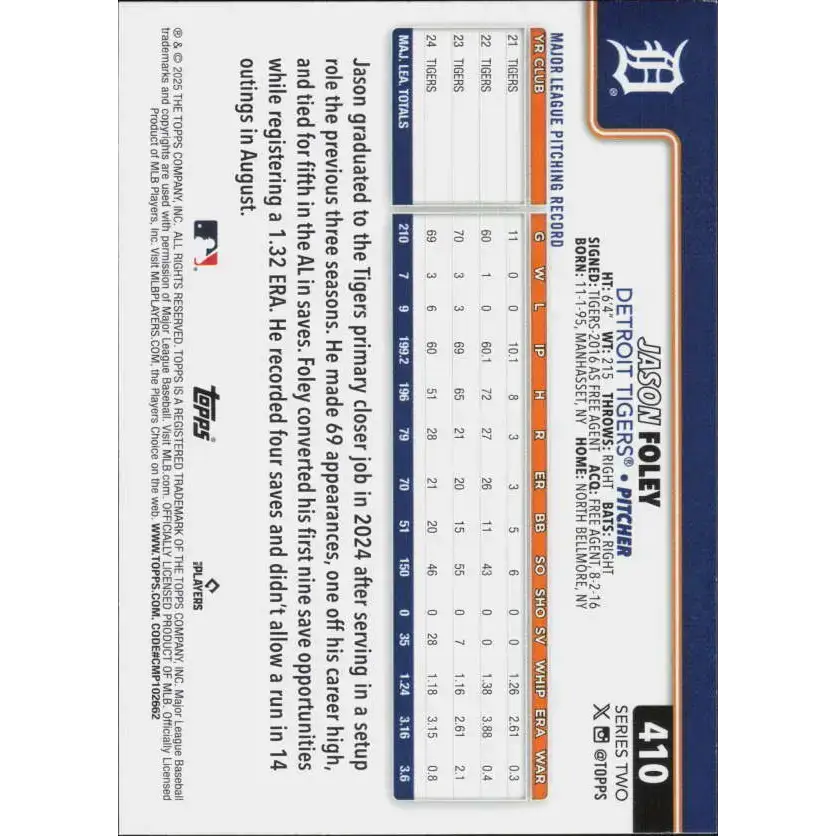 2025 Topps #410 Jason Foley NM-MT Detroit Tigers Baseball Card - Baseball Card Single