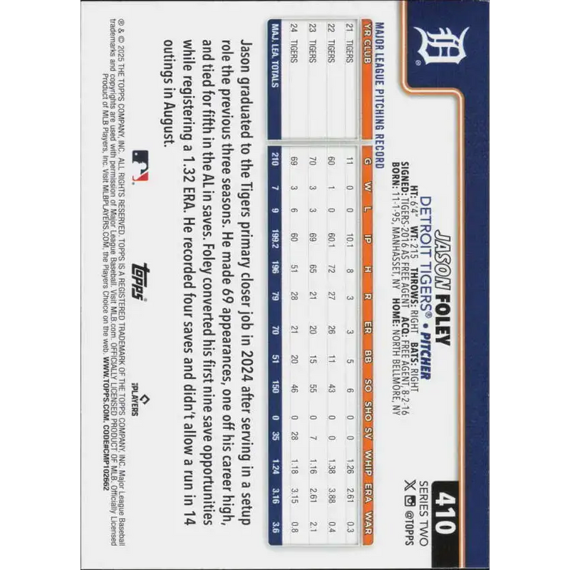 2025 Topps #410 Jason Foley NM-MT Detroit Tigers Baseball Card - Baseball Card Single