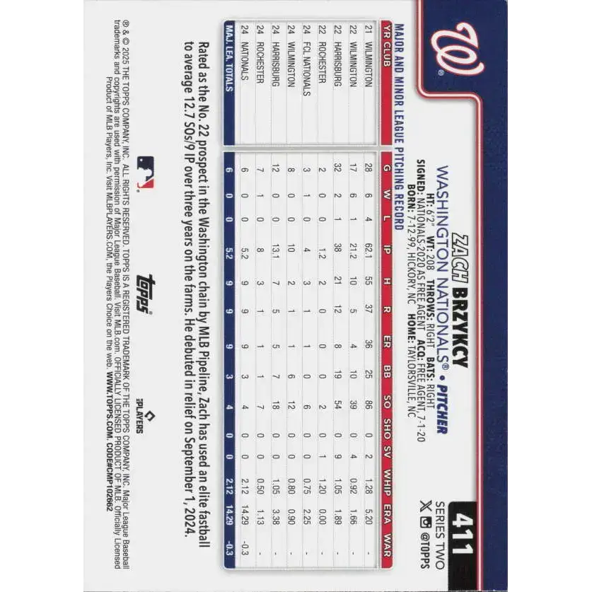 2025 Topps #411 Zach Brzykcy NM-MT RC Rookie Washington Nationals Baseball Card - Baseball Card Single