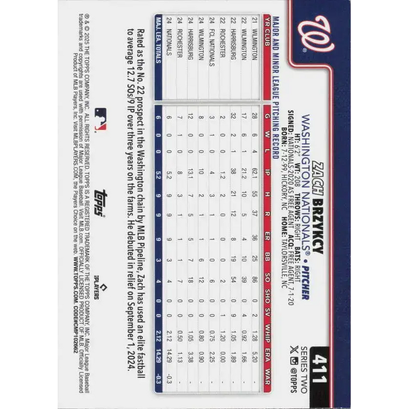 2025 Topps #411 Zach Brzykcy NM-MT RC Rookie Washington Nationals Baseball Card - Baseball Card Single