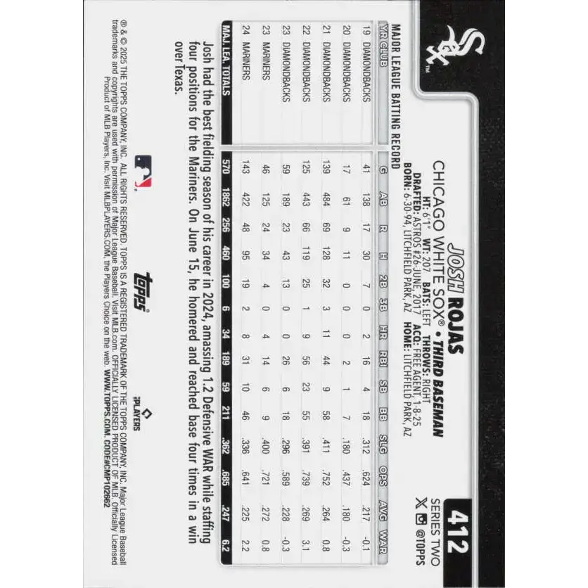 2025 Topps #412 Josh Rojas NM-MT Chicago White Sox Baseball Card - Baseball Card Single