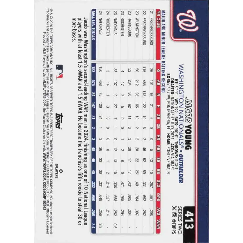 2025 Topps #413 Jacob Young NM-MT Washington Nationals Baseball Card - Baseball Card Single