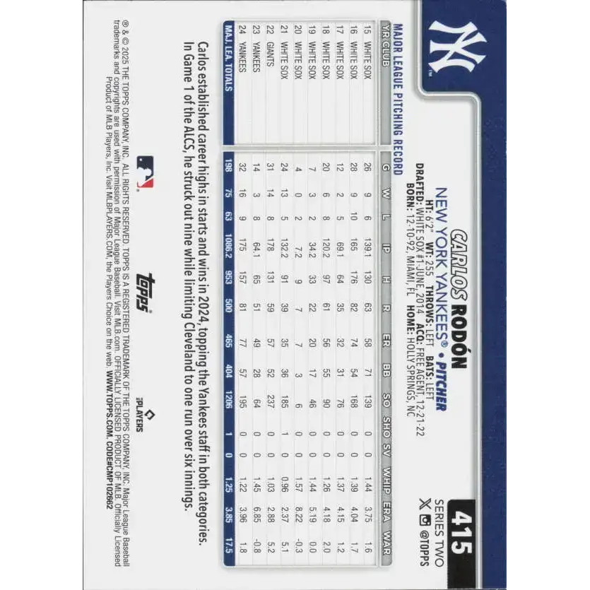 2025 Topps #415 Carlos Rod NM-MT New York Yankees Baseball Card - Baseball Card Single
