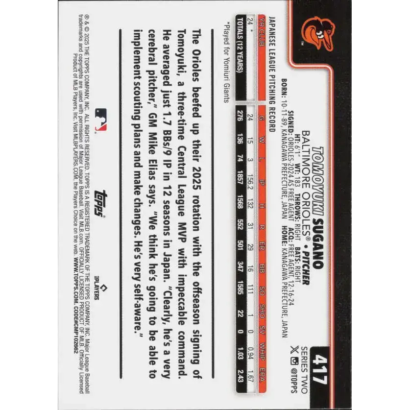 2025 Topps #417 Tomoyuki Sugano NM-MT RC Rookie Baltimore Orioles Baseball Card - Baseball Card Single