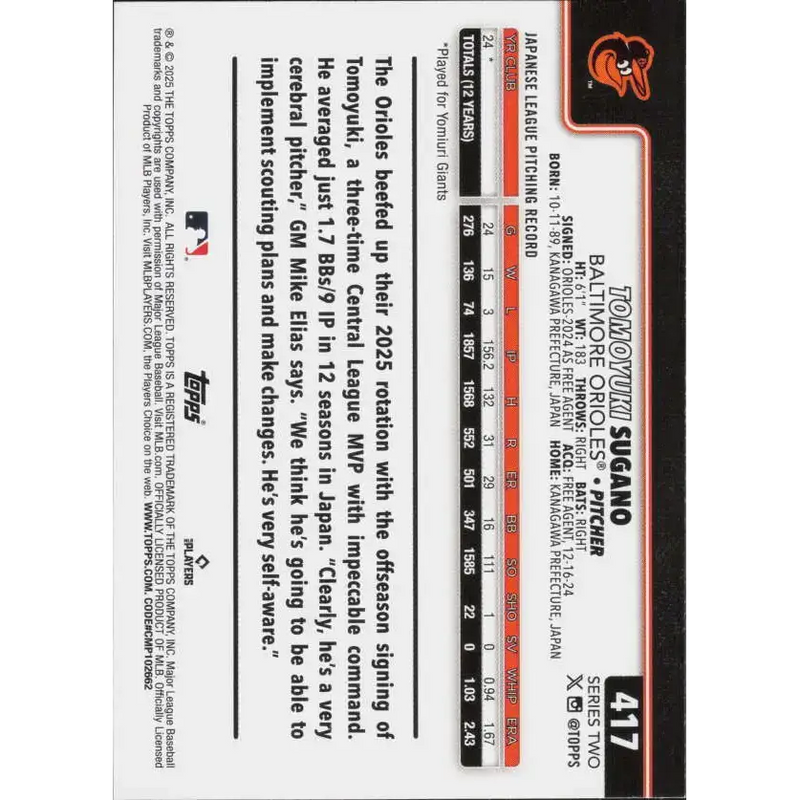 2025 Topps #417 Tomoyuki Sugano NM-MT RC Rookie Baltimore Orioles Baseball Card - Baseball Card Single
