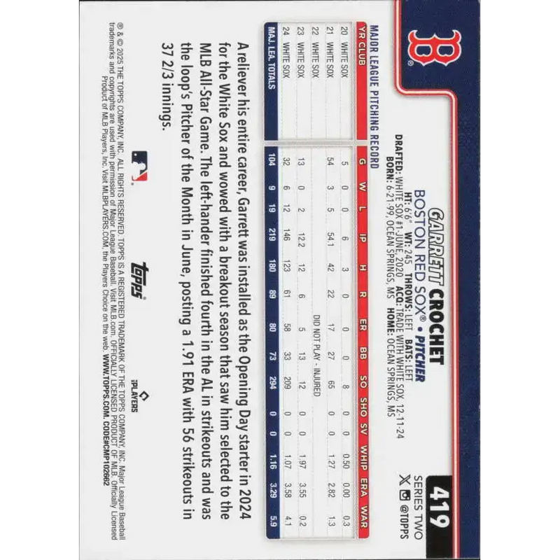 2025 Topps #419 Garrett Crochet NM-MT Boston Red Sox Baseball Card - Baseball Card Single