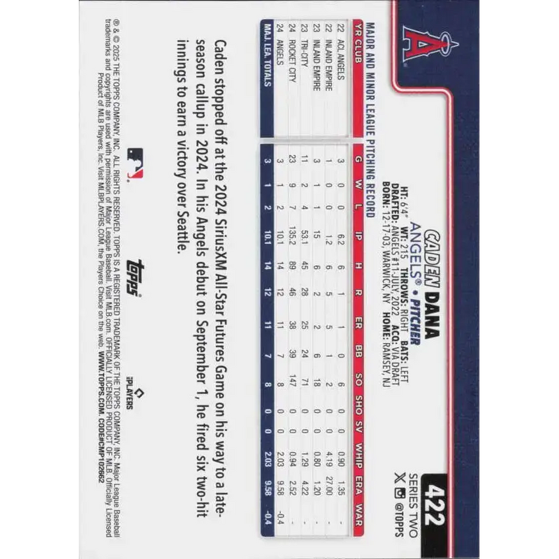 2025 Topps #422 Caden Dana NM-MT RC Rookie Los Angeles Angels Baseball Card - Baseball Card Single