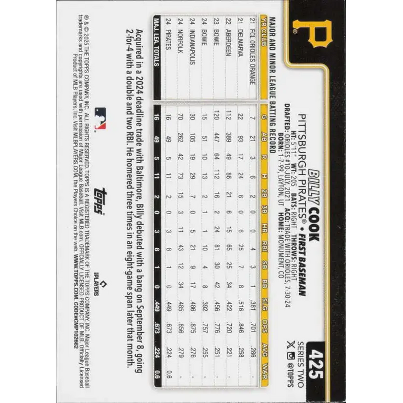2025 Topps #425 Billy Cook NM-MT RC Rookie Pittsburgh Pirates Baseball Card - Baseball Card Single