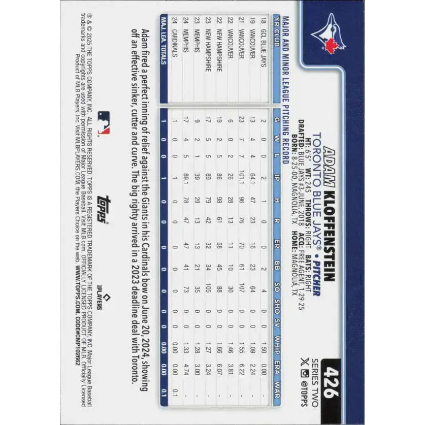 2025 Topps #426 Adam Kloffenstein NM-MT RC Rookie Toronto Blue Jays Baseball Card - Baseball Card Single