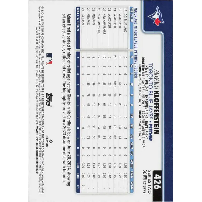 2025 Topps #426 Adam Kloffenstein NM-MT RC Rookie Toronto Blue Jays Baseball Card - Baseball Card Single
