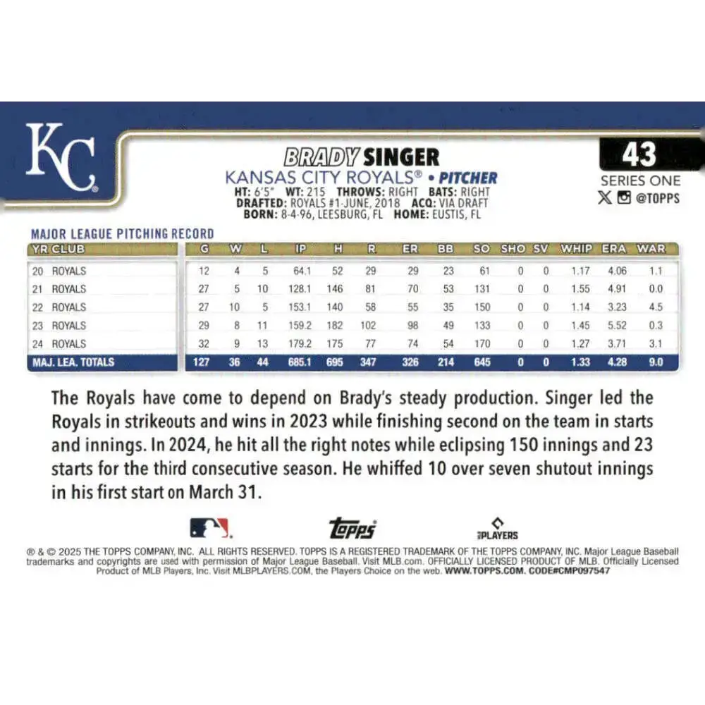 2025 Topps #43 Brady Singer NM-MT Kansas City Royals Baseball Card - Baseball Card Single