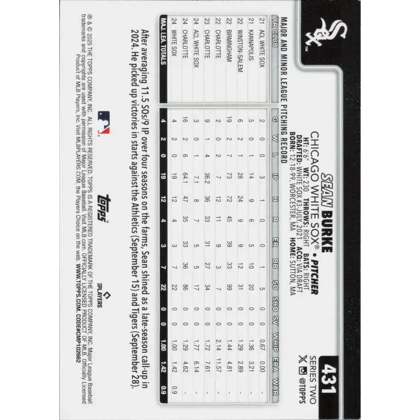 2025 Topps #431 Sean Burke NM-MT RC Rookie Chicago White Sox Baseball Card - Baseball Card Single
